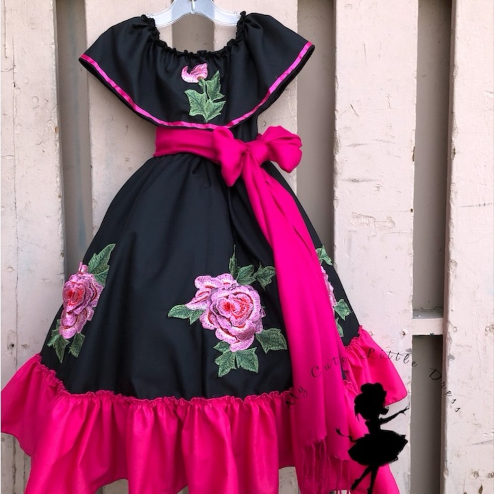 Black Dance Dress with Pink Floral Accents and Ruffled Hem - Picture 1 of 1